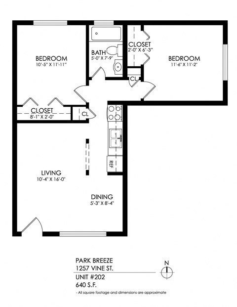 Floor plan for 2 beds, 1 bath, 740 sqft
